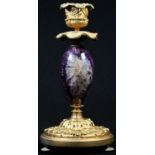 A 19th century Derbyshire Blue John and gilt metal candlestick, campana sconce, detachable nozzle,