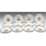 A set of twelve Meissen dessert plates, painted with birds and insects, scored crossed swords mark