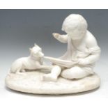Joseph Gott, after, a white marble, Playful Friends, toddler and puppy, oval base, 45cm wide