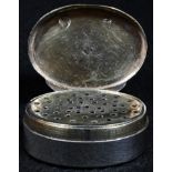 A George III silver oval vinaigrette, quite plain, hinged cover enclosing a gilt interior with