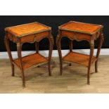 A pair of Louis XV style gilt metal mounted kingwood and marquetry side tables, each canted