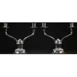 Robert Edgar Stone - a pair of Arts and Crafts style silver two-light candelabra, plain bell