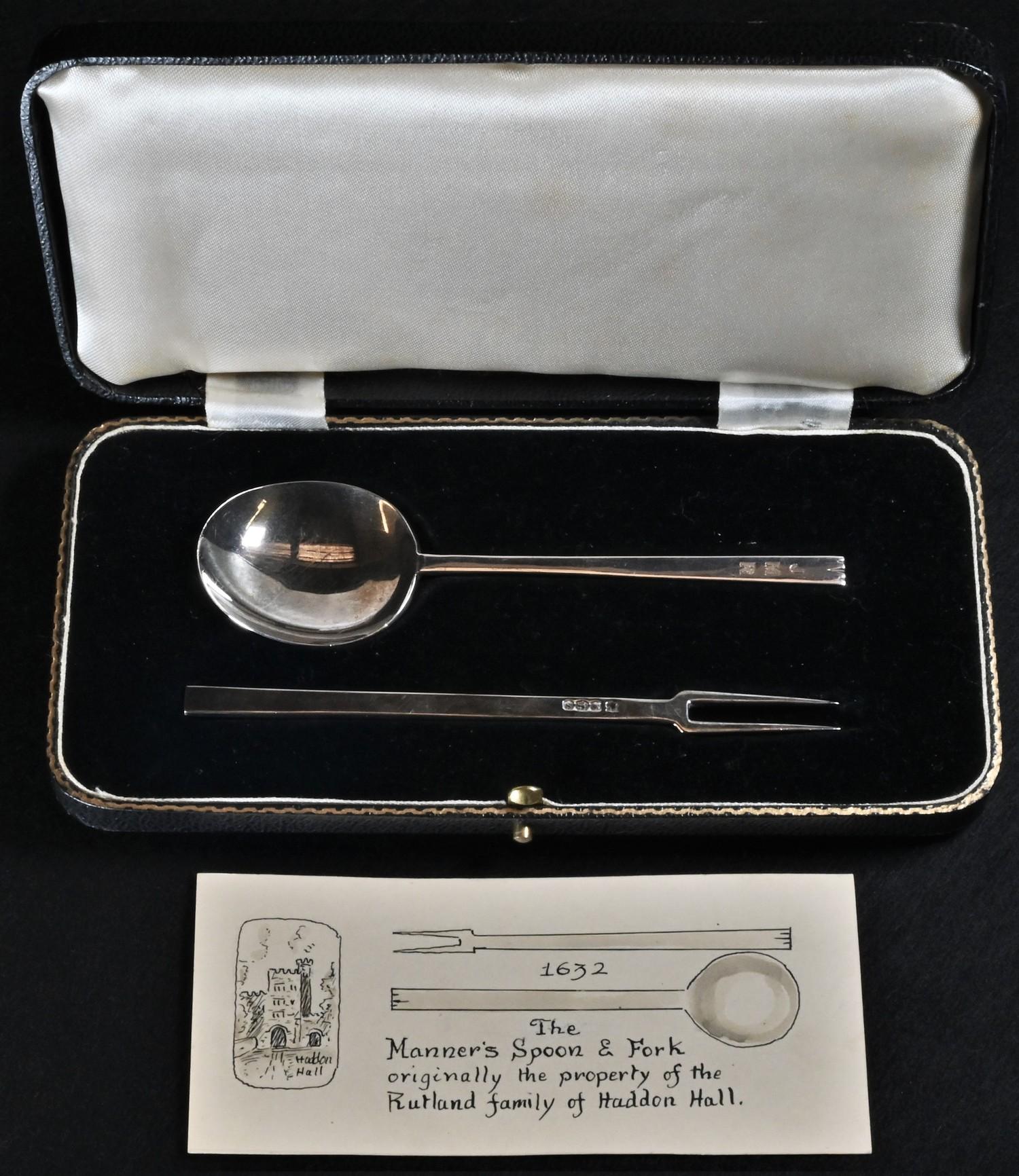 A George V silver facsimile 17th century spoon and fork, The Manners Spoon and Fork, Originally