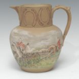 A Langley Mill pottery jug, incised with a continuous scene huntsman and hounds, 16cm high, unmarked