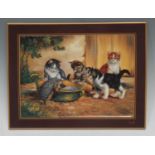An English porcelain rectangular plaque, What Are You?, with kittens and hedgehog by a bowl,