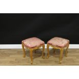 A pair of Louis XV style giltwood shaped square stools, stuffed-over seats, cabriole legs, 44cm