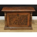 An 18th century Italian walnut table cabinet, oversailing top above a fall front enclosing cupboards