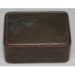 A Japanese mixed metal and lacquer rounded rectangular box, the bronze cover inlaid in silver and