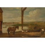 Dutch School (18th century) Cart Horse Waiting on the Harbour oil on panel, 24cm x 35cm