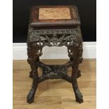 A Chinese hardwood square jardiniere stand, beaded top with inset soapstone panel, above a shaped