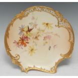 A Royal Worcester scallop shaped reticulated dessert plate, painted with flowers and wildlife, 21.