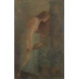 Annie Collins Flora, Pre-Raphaelite lady with ewer signed, label to verso, 90.5cm x 58cm