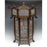 A Chinese hardwood and reverse painted glass hexagonal lantern, decorated in polychrome with
