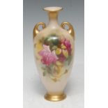 A Royal Worcester two handled vase, painted by Ethel Spilsbury, signed with roses, gilt scroll