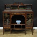 A late Victorian rosewood salon side cabinet, shallow superstructure with a glazed vitrine