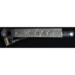 An Elizabeth II silver cigar piercer, cast bark-textured panels, 14.5cm long, S J Rose & Son, London