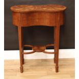A Louis XV style fiddleback mahogany and marquetry lemniscate shaped work table, hinged cover,