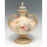A Royal Worcester two handled pedestal ovoid vase, printed and painted with flowers and foliage,