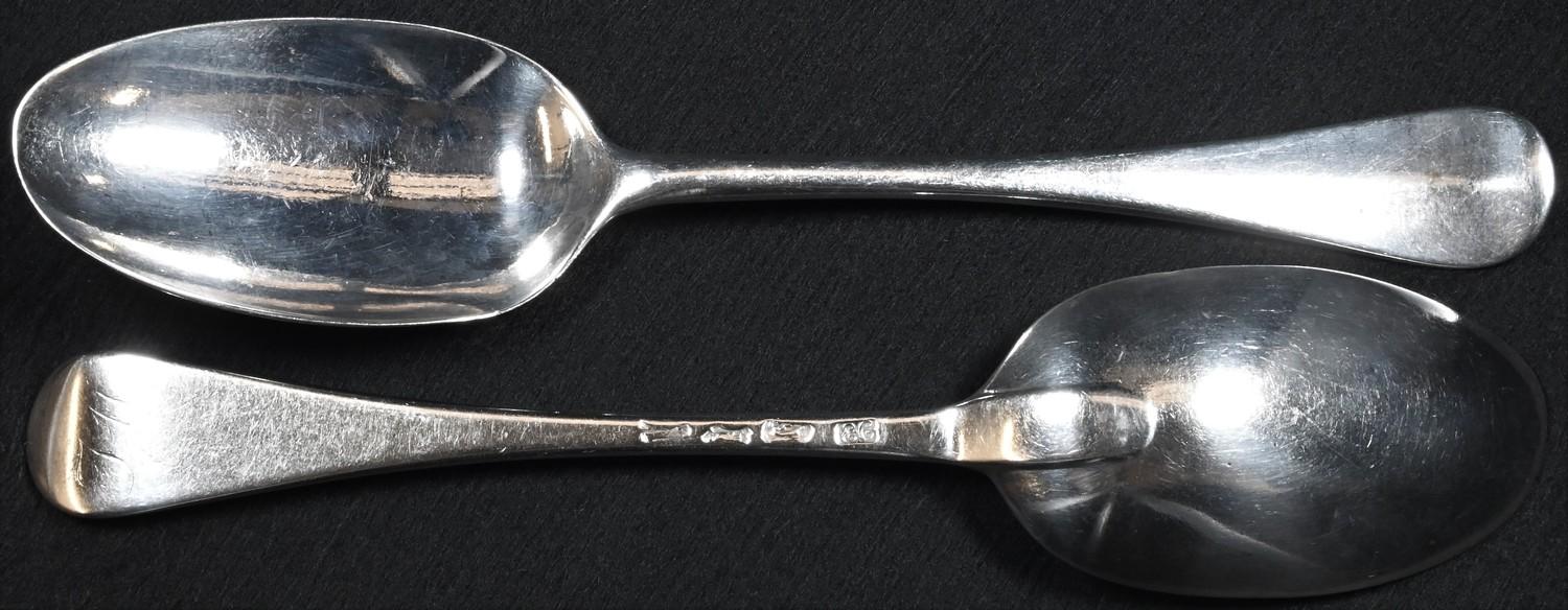 A pair of George II silver Hanoverian pattern table spoons, 20cm long, Ebenezer Coker, London 1746