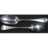 A pair of George II silver Hanoverian pattern table spoons, 20cm long, Ebenezer Coker, London 1746