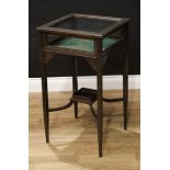 A Chippendale Revival mahogany bijouterie table, hinged top with blind fretwork border, X-