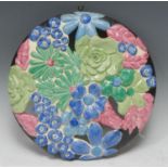 A Clarice Cliff Bouquet pattern wall plaque, relief moulded and pierced with stylised flowers and
