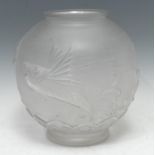 A French Art Deco frosted globular vase, in relief with Koi carp amongst fronds, 28cm high, marked