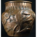 An Arts and Crafts John Pearson Newlyn School copper jardiniere, embossed in high relief with