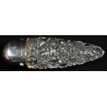 A German silver mounted hobnail-cut clear glass scent bottle, hinged domed cover, 8.5cm long,
