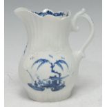 A Worcester moulded jug, painted in underglaze blue to front and verso with a man fishing in a