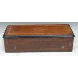 A 19th century Swiss mahogany, ebony crossbanded and marquetry music box, by Lecoultre Freres,