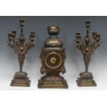 A 19th century French Renaissance Revival gilt metal clock garniture, 9cm dial with Roman