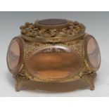 A French Palais Royale and amber glass jewellery casket, the sides with oval panels, pierced cover