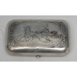 A 19th century Russian niello silver rounded rectangular cigarette case, the hinged cover with a