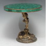 A gilt bronze and malachite miniature table, circular top, the base cast in the Naturalist manner