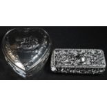 A Victorian silver heart shaped dressing table box, hinged cover embossed with Reynolds angels, 8.