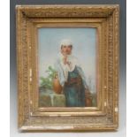 A 19th century Continental porcelain rectangular plaque, painted with an Arabian water carrier,