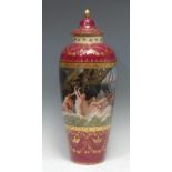 A Vienna tapering cylindrical vase and cover, decorated with a large panel of water nymphs with