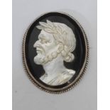 A carved mother of pearl and black glass cameo brooch, classical gent in profile, possibly Lucius