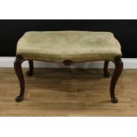 A large Victorian mahogany serpentine stool, stuffed-over seat, cabriole legs, scroll feet, 49cm