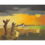 Paul Klein (contemporary) Farmhouse at Sunset, signed, inscribed by the artist verso, dated 1969,