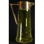 An Art Nouveau style brass-mounted crackle uranium glass claret jug, quite plain, hinged cover,