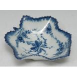 A Worcester pickle leaf dish, decorated in under glaze blue vines and flowers, 8.5cm wide,