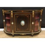 A 19th century gilt metal and porcelain mounted marquetry and ebonised credenza, slightly