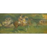 Leslie Simmonds Luff Exercising Horses, Newmarket signed, plaque to mount, oil on board, 45cm x