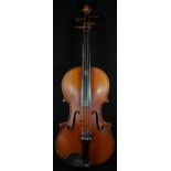 A violin, the two-piece back 36cm long excluding button, outlined throughout with purfling, 60cm