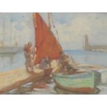 Gryth Russell (1892 - 1970) Impressionist Harbour, Tethered Boats oil on board, 11.5cm x 15.5cm