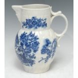 A Caughley cabbage leaf mask jug, printed after Robert Hancock with Parrot Pecking Fruit, in