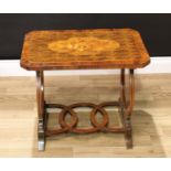 A Louis XV style rosewood and marquetry low sitting room table, canted rectangular top inlaid with a