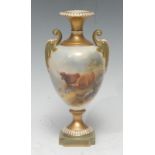 A Royal Worcester two handled vase, painted by Harry Stinton, signed with highland cattle, gilt neck